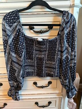 Emory Park Navy and White Smocked Square-Neck Crop Top